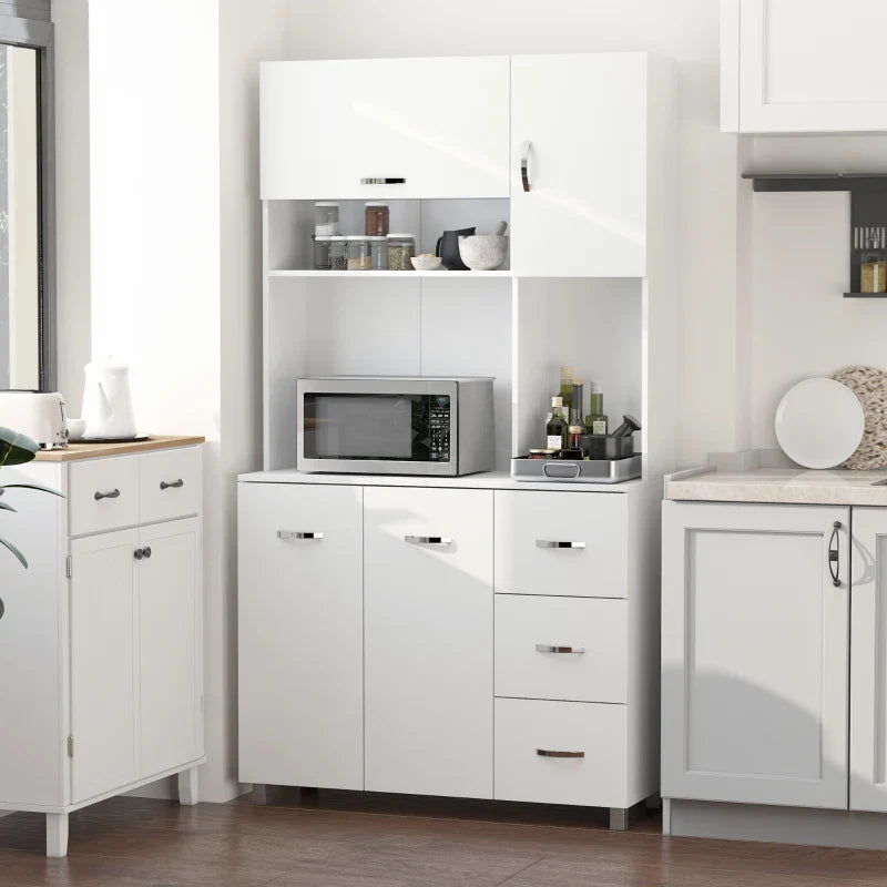 Armário de Cozinha Armário Alto com 3 Gavetas 4 Portas Prateleiras Interiores Ajustáveis e Pés Elevados Móvel Auxiliar para Sala de Jantar Sala de Estar 100x39,5x183,5cm Branco