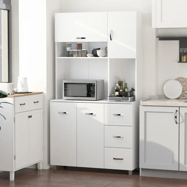 Armário de Cozinha Armário Alto com 3 Gavetas 4 Portas Prateleiras Interiores Ajustáveis e Pés Elevados Móvel Auxiliar para Sala de Jantar Sala de Estar 100x39,5x183,5cm Branco