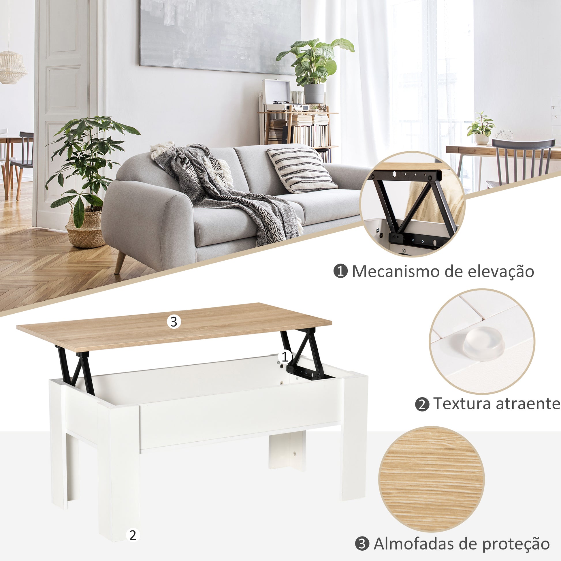 Mesa de Centro com Bancada Elevatória Mesa de Café com Compartimento Aberto e Oculto 100x50x45-58,5 cm Branco e Madeira