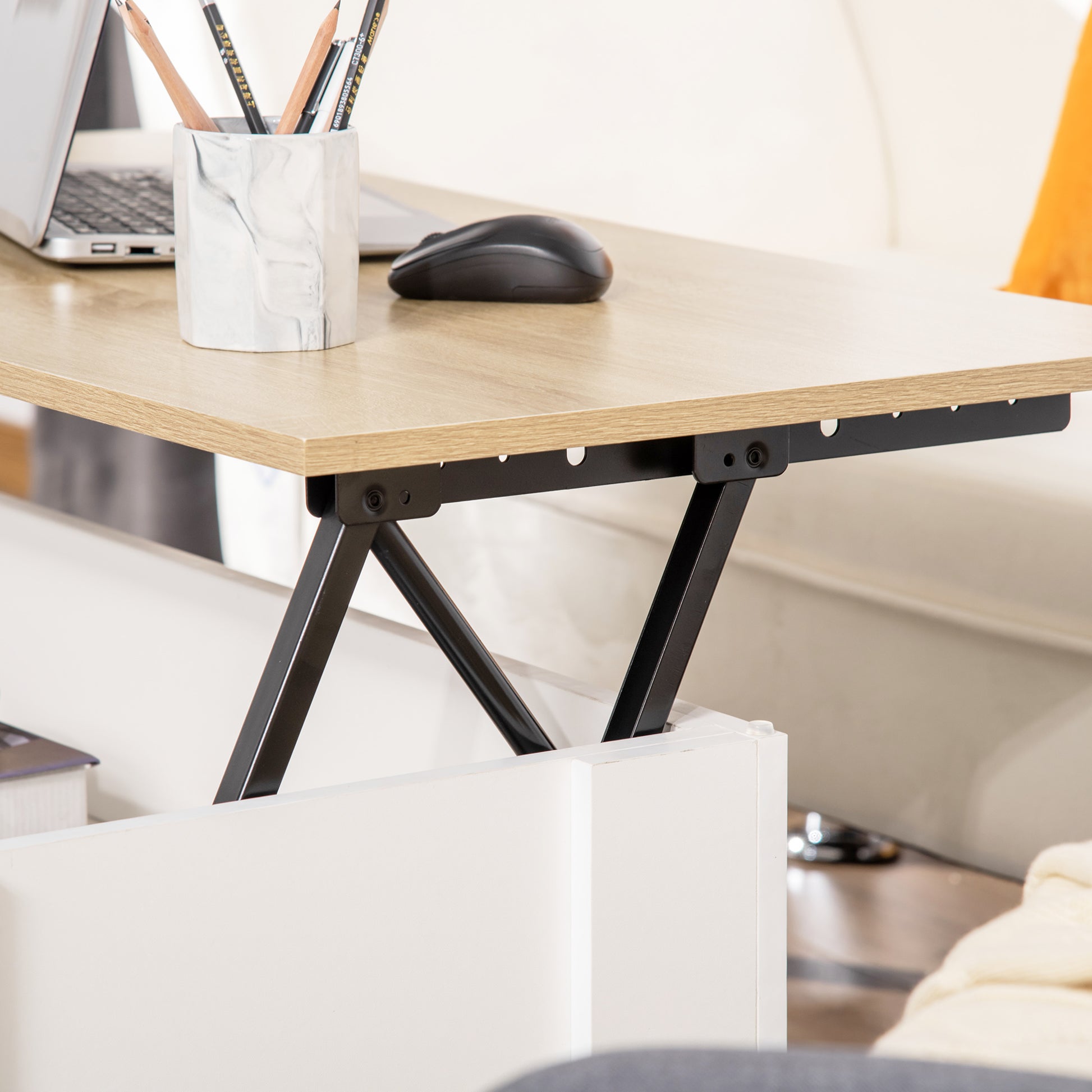 Mesa de Centro com Bancada Elevatória Mesa de Café com Compartimento Aberto e Oculto 100x50x45-58,5 cm Branco e Madeira