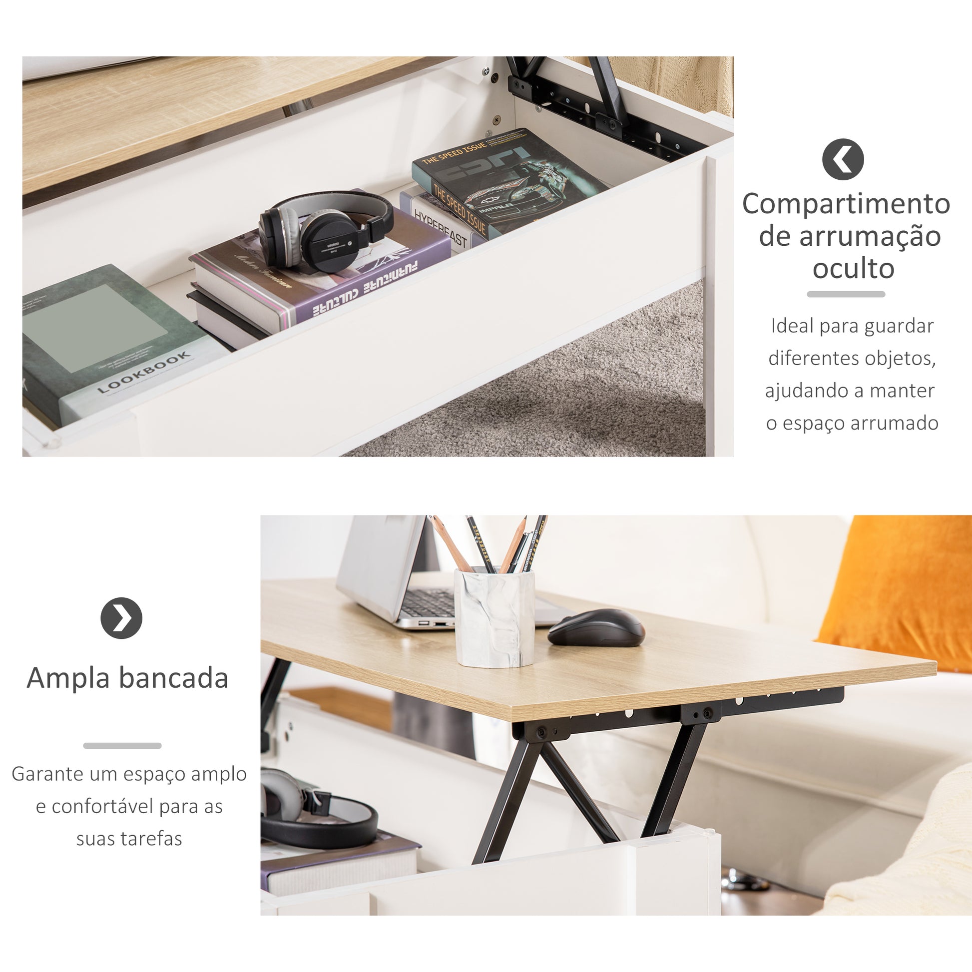 Mesa de Centro com Bancada Elevatória Mesa de Café com Compartimento Aberto e Oculto 100x50x45-58,5 cm Branco e Madeira