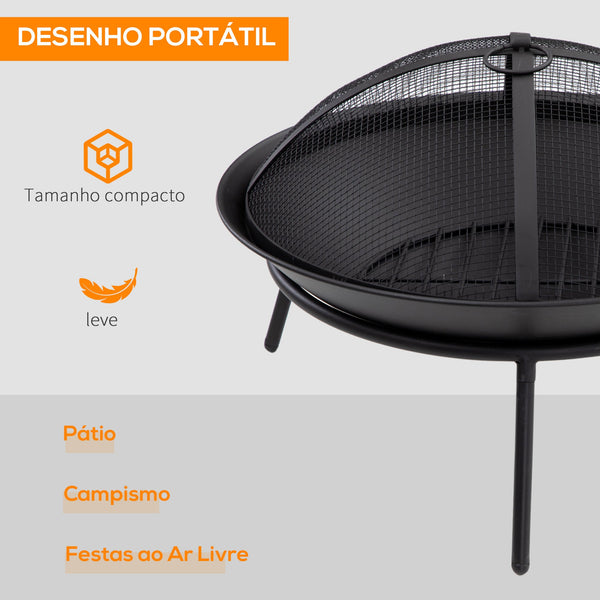 Braseiro de Exterior Braseiro de Metal com Tampa Protetora de Faíscas e Atiçador para Varanda Campismo Ar Livre Ø47x33 cm Preto