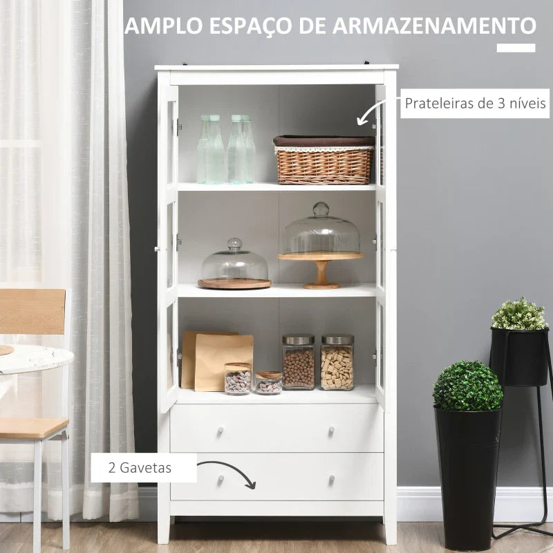 Vitrine de Sala de Estar Estante Escritório com 2 Portas de Vidro Temperado 3 Prateleiras 2 Gavetas e Dobradiças com Fechamento Suave para Sala de Jantar Escritório 80x40x160 cm Branco