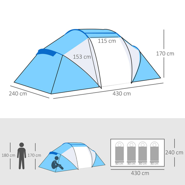 Tenda de Campismo Familiar para 4 Pessoas Tenda de Campismo Dobrável com Bolsa de Transporte Impermeável para Praia Parque 430x240x170 cm Azul e Branco