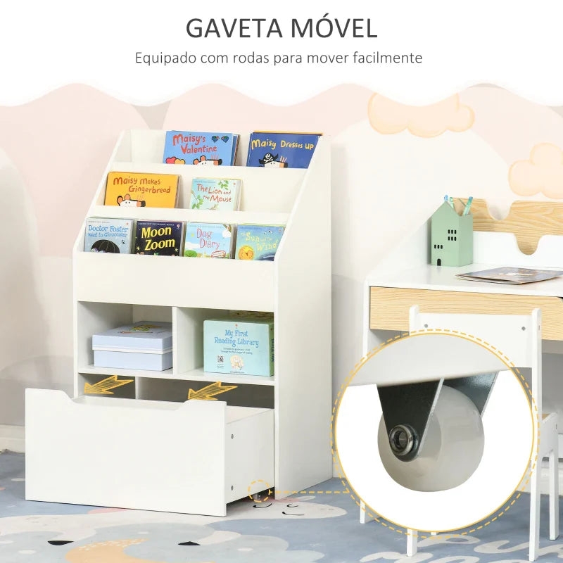 Estante de Madeira para Brinquedos com 3 Compartimentos 2 Cubos e Gaveta Móvel com 4 Rodas Estante para Livros Infantil para Dormitório Infantil Sala de Jogos 60x29,9x90cm Branco