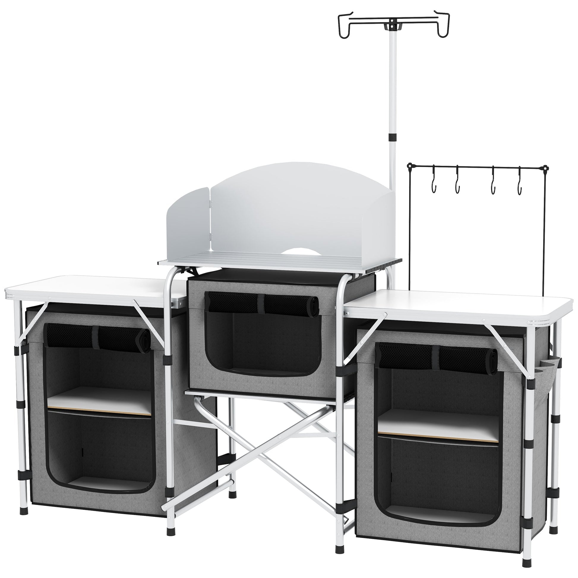 Móvel de Cozinha para Campismo Armário para Campismo Dobrável com 3 Tampos 3 Armários Suporte de Luz 4 Ganchos e Bolsa de Transporte para Campismo Piquenique 172x48x119 cm Cinza