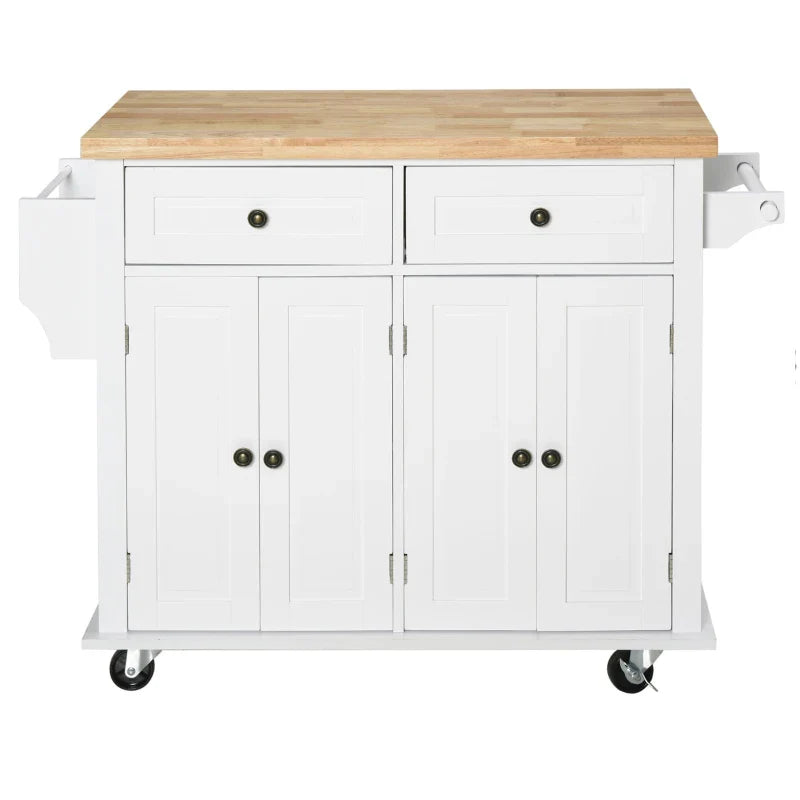 Ilha de Cozinha com Rodas Móvel Auxiliar de Cozinha com 2 Gavetas 4 Portas Suporte para Temperos e Barra Lateral 111x44,5x82,5cm Branco e Madeira