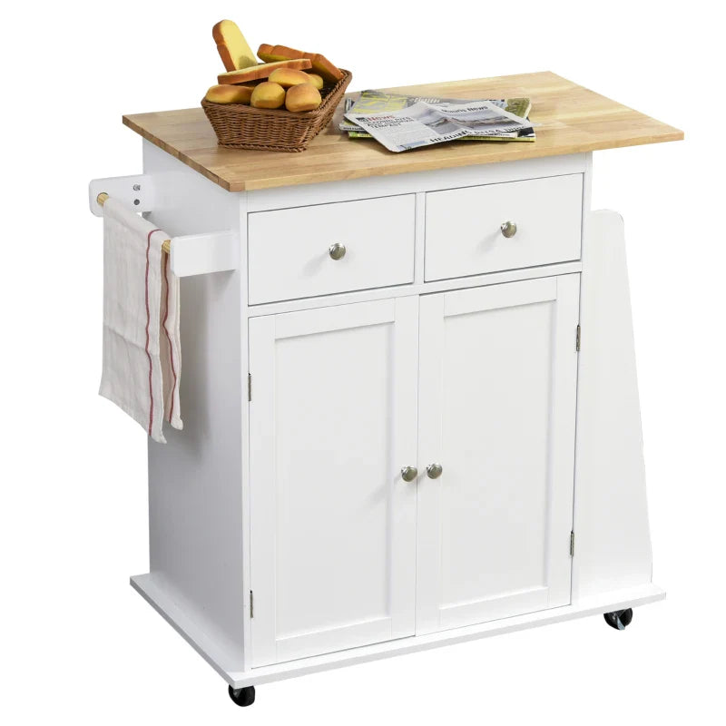 Carrinho de Cozinha Auxiliar com Rodas Carrinho de Cozinha com 2 Gavetas Armário de Armazenamento Prateleira Interior Ajustável 3 Suportes para Temperos e Barra de Pendurar 89x45x89,5cm Branco