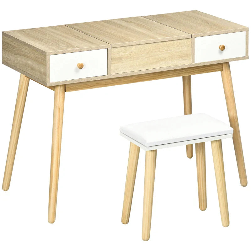 Toucador Natur com Espelho Dobrável e Banco - Design Nórdico - Leva-Me Contigo - Móveis & Decoração