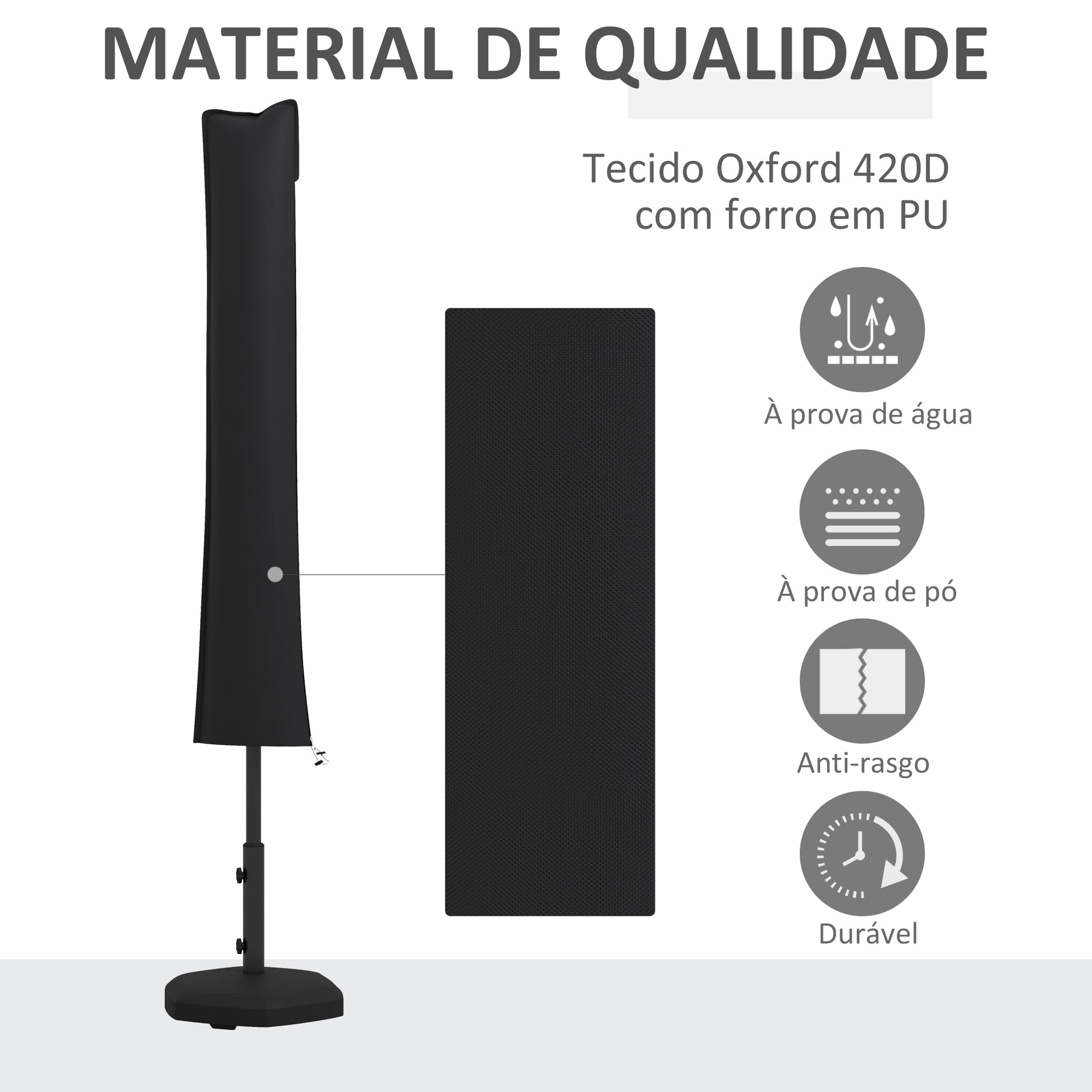 Capa de Proteção para Chapéu de Sol Capa Impermeável de Tecido Oxford 420D Cobertura para Chapéu de Sol com Fecho de Correr para Jardim Exterior 178x25/35 cm Preto
