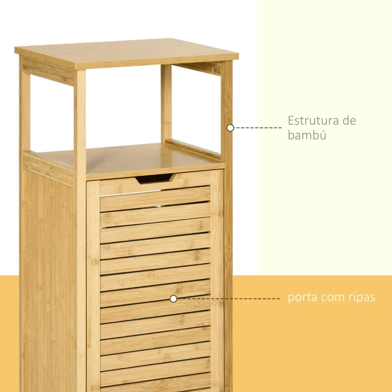 kleanklin Cesto para Roupa de Bambú Armário para Casa de Banho com 2 Prateleiras 1 Cesta de Tecido Removível Móvel de Armazenamento para Sala de Estar Cozinha 40x30x86,5 Natural