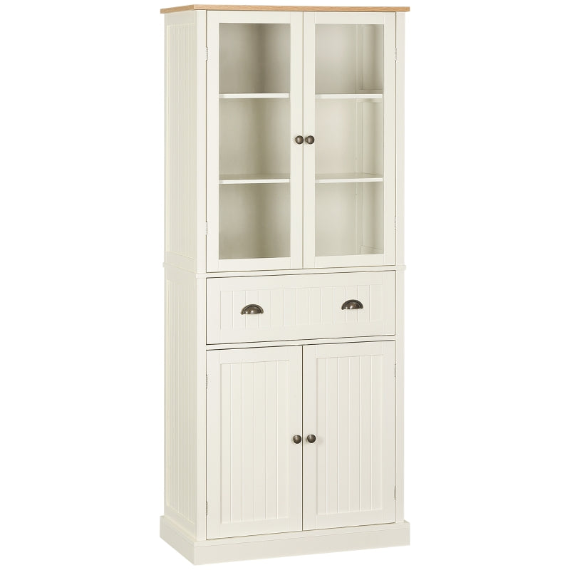 Armário de Cozinha com 2 Portas de Vidro 1 Gaveta e Prateleira Ajustável Móvel Auxiliar de Cozinha Anti-Tombo 76x40x182,5cm Creme