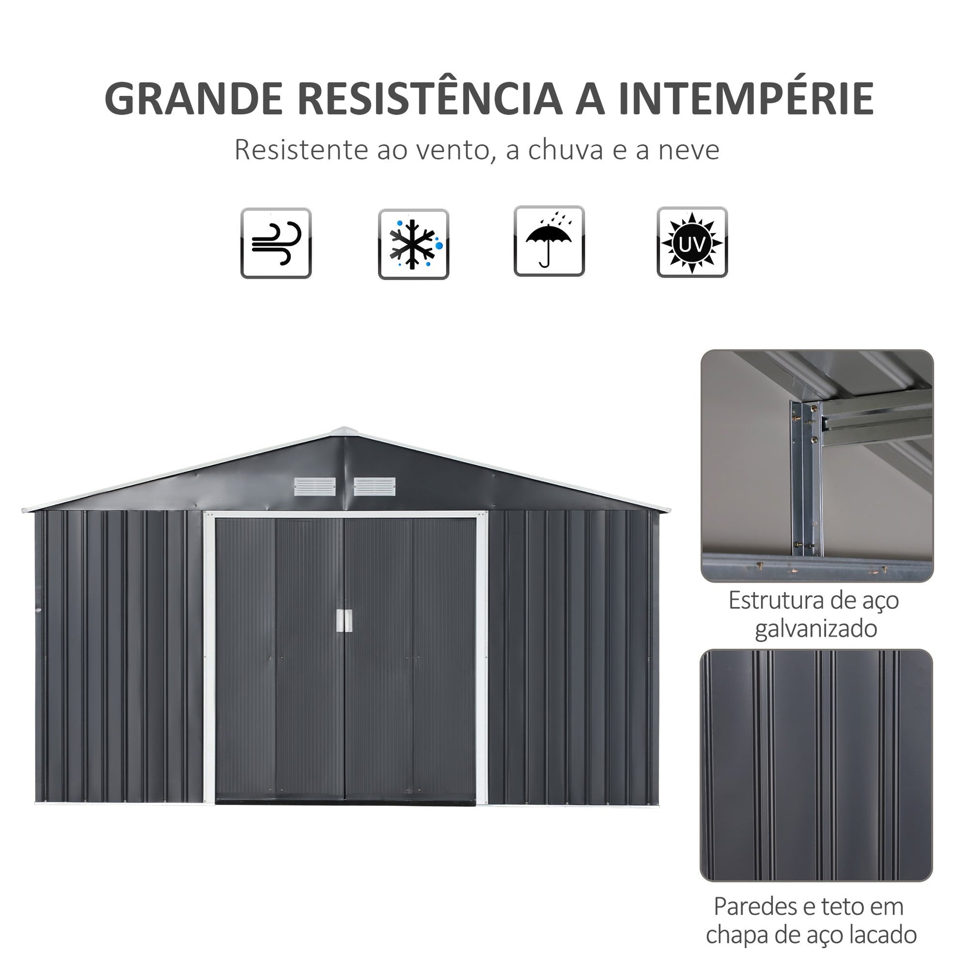 Abrigo de Jardim Metálico 340x386x200cm Abrigo de Exterior para Armazenamento de Ferramentas com Base Incluida 4 Janelas de Ventilação e Porta Corredeira Cinza