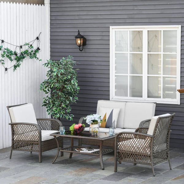 Conjunto de 4 móveis de jardim de vime PE Poltrona, sofá duplo e mesa de centro com almofadas laváveis para terraço ao ar livre, marrom e cáqui
