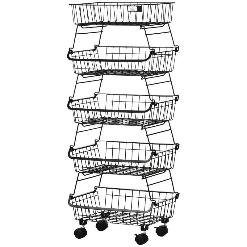 Fruteira Cesto para Frutas de 4 Níveis com Rodas Carrinho de Armazenamento de Aço Empilhável para Cozinha Sala de Jantar Escritório 40x28x97cm Preto