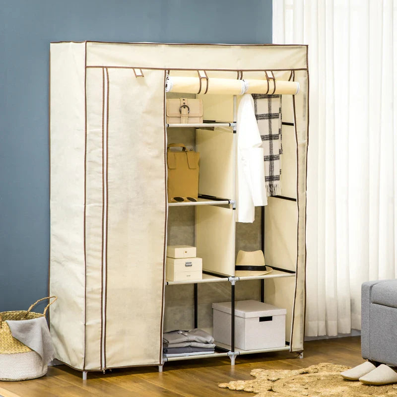 Roupeiro de Tecido Dobrável Armário Portátil com 8 Prateleiras de Armazenamento e 2 Barras de Pendurar Organizador de Roupa para Dormitório Vestidor 125x43x162,5cm Creme