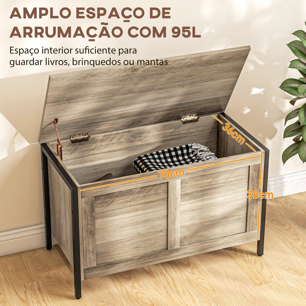 Baú de Armazenamento para Dormitório 95L Baú de Arrumação com Tampa Banco de Armazenamento Versátil com Dobradiça de Segurança para Corredor Sala de Estar 80x40x50 cm Cinza Claro