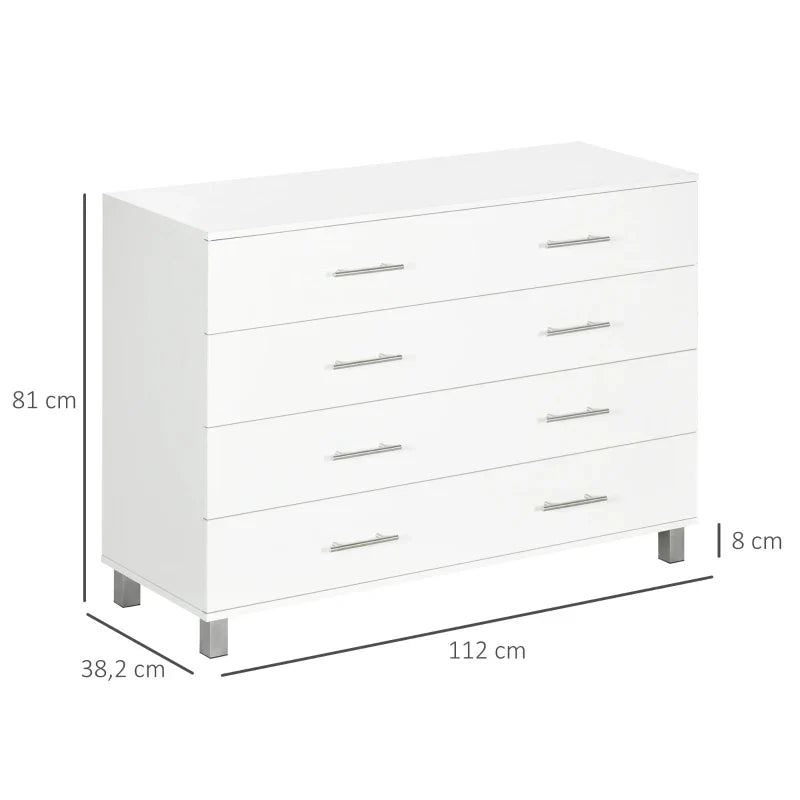 Cómoda com 4 Gavetas Cómoda de Dormitório com Pés de Estilo Moderno para Sala de Estar Entrada Corredor 112x38,2x81cm Branco