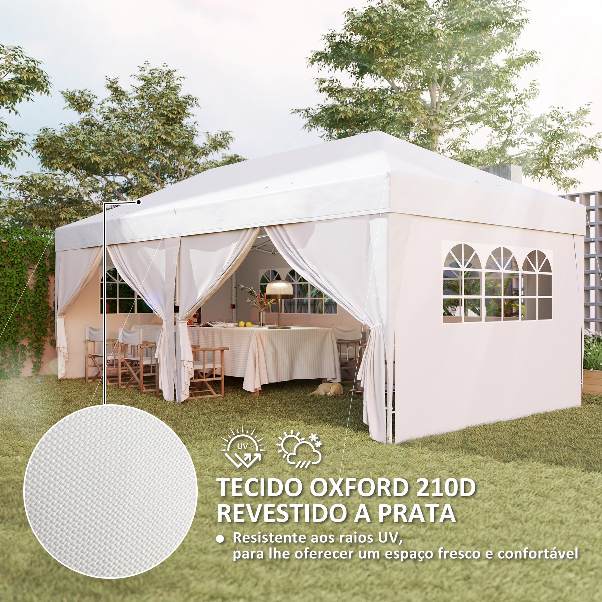 Tenda Dobrável 5,90x2,95 m Tenda de Jardim com 6 Paredes Laterais Impermeável Anti-UV e Bolsa de Transporte Tenda para Campismo Festas Branco