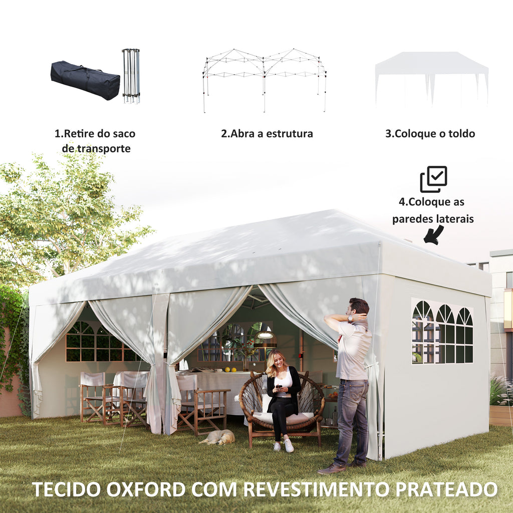 Tenda Dobrável 5,90x2,95 m Tenda de Jardim com 6 Paredes Laterais Impermeável Anti-UV e Bolsa de Transporte Tenda para Campismo Festas Branco