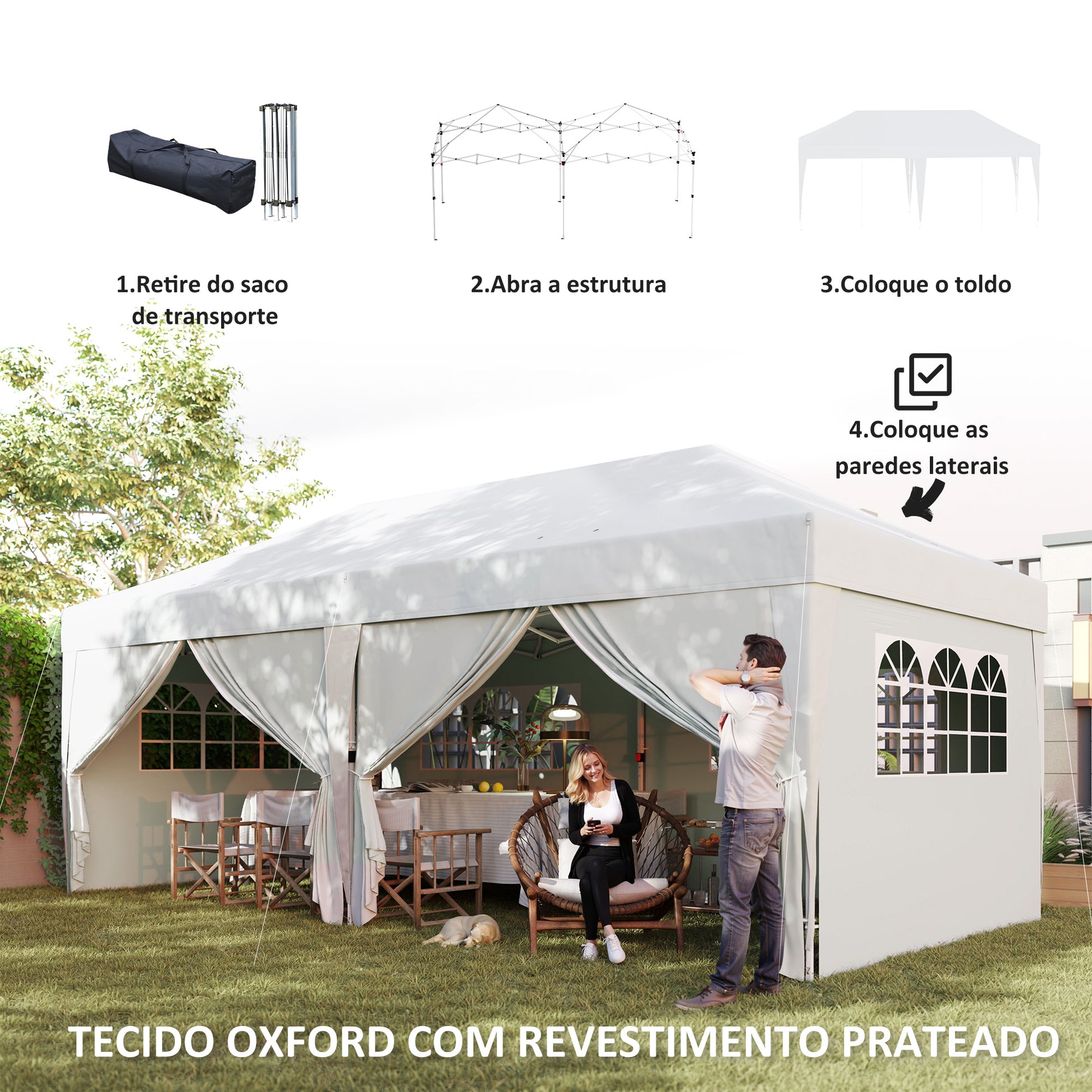 Tenda Dobrável 5,90x2,95 m Tenda de Jardim com 6 Paredes Laterais Impermeável Anti-UV e Bolsa de Transporte Tenda para Campismo Festas Branco