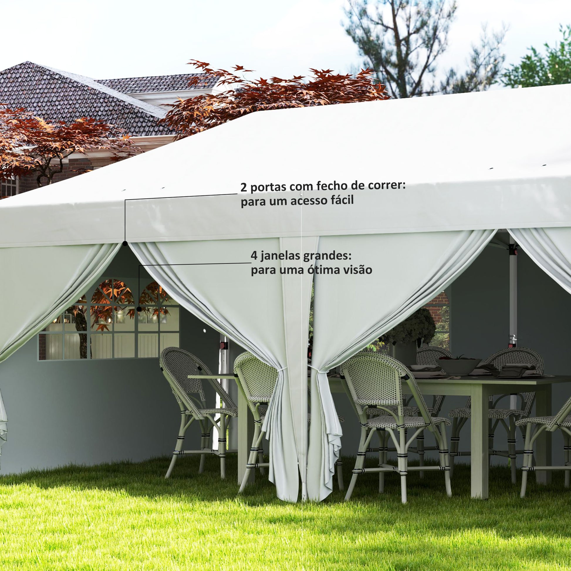Tenda Dobrável 5,90x2,95 m Tenda de Jardim com 6 Paredes Laterais Impermeável Anti-UV e Bolsa de Transporte Tenda para Campismo Festas Branco