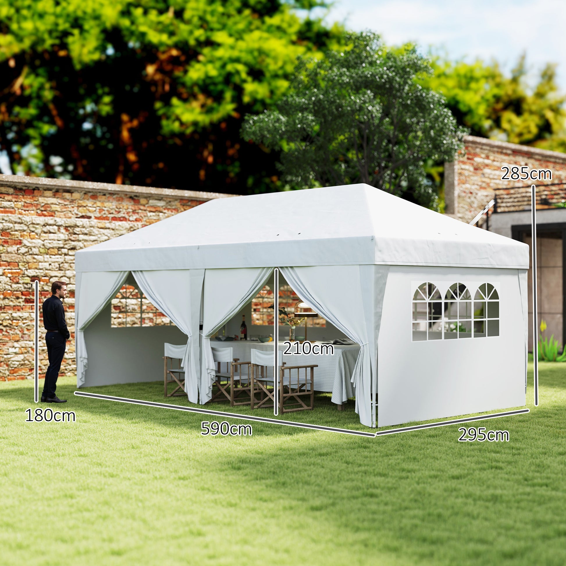 Tenda Dobrável 5,90x2,95 m Tenda de Jardim com 6 Paredes Laterais Impermeável Anti-UV e Bolsa de Transporte Tenda para Campismo Festas Branco