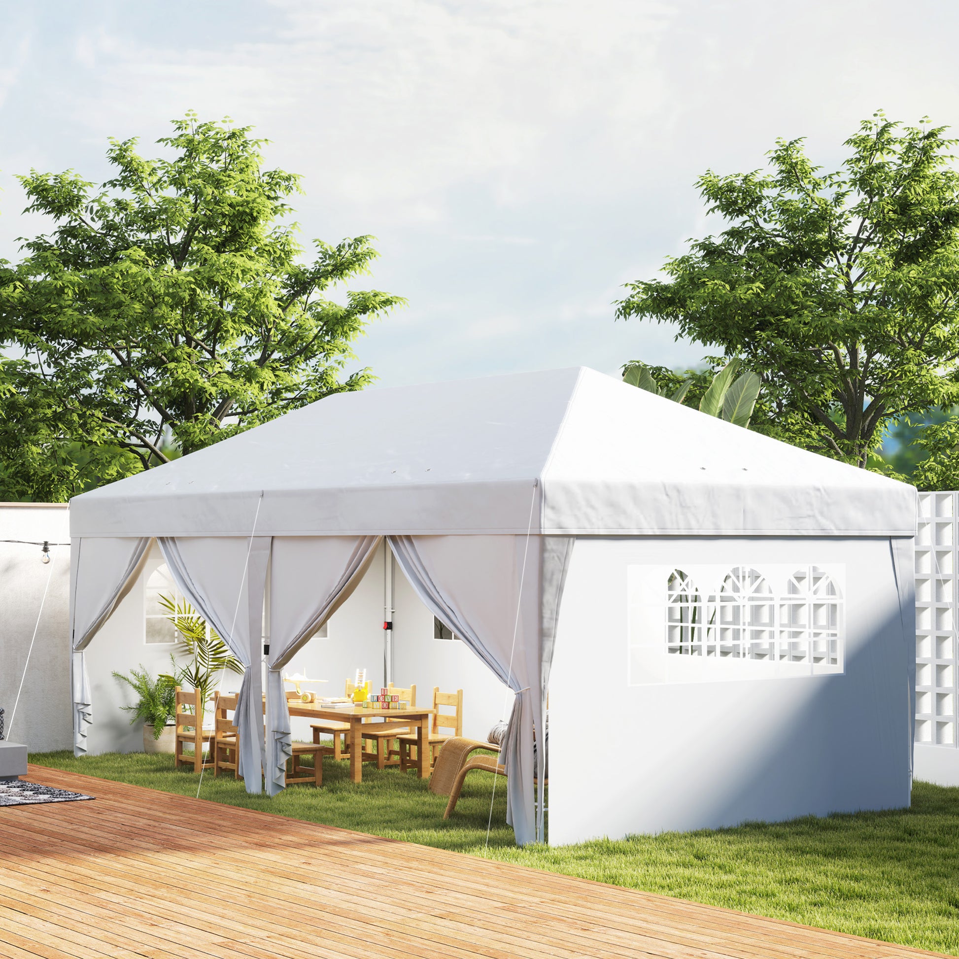Tenda Dobrável 5,90x2,95 m Tenda de Jardim com 6 Paredes Laterais Impermeável Anti-UV e Bolsa de Transporte Tenda para Campismo Festas Branco