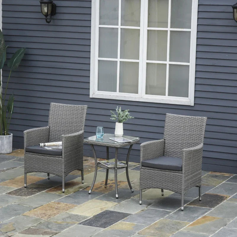 Conjunto de Móveis de Vime para Jardim Composto por 1 Mesa 2 Poltronas com Almofadas Móveis de Jardim Metal e Vime Cinza Claro