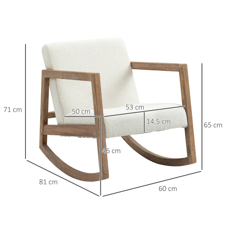 Poltrona Baloiço Estofada em Tecido Borreguito Poltrona Baloiço com Assento Acolchoado Apoio para os Braços e Pés de Madeira de Borracha para Sala de Estar Dormitório 60x81x71cm Creme