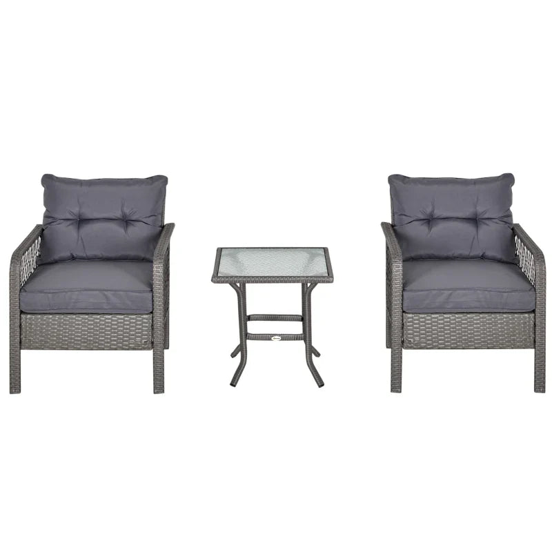 Conjunto de móveis de rattan de jardim 3 peças 2 poltronas 65x66x75 cm e 1 mesa de vidro temperado 50x50x50 cm com almofadas acolchoadas para terraço pátio cinza