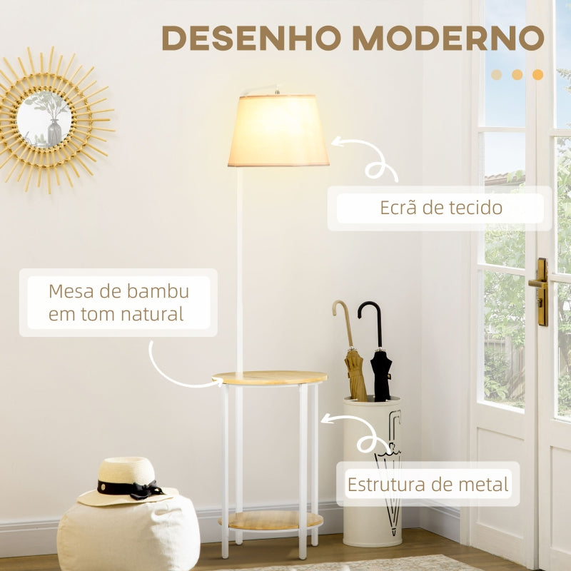 Candeeiro de Pé Moderno com Prateleira Candeeiro com Prateleira Suporte para Lâmpada E27 Máx. 40W com Ecrã de Linho Interruptor de Pé para Sala de Estar Dormitório Ø37x162cm Branco e Madeira