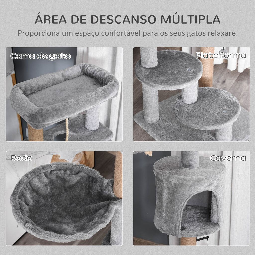 PawHut Arranhador para Gatos Altura 120 cm Torre para Gatos com Plataforma Caverna Rede Postes de Juta Corda e Bola Suspensa 48x48x120 cm Cinza