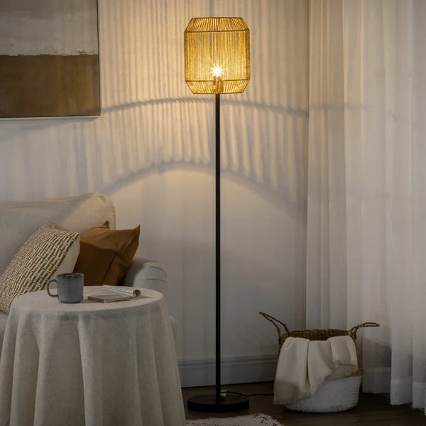Candeeiro de Pé para Sala de Estar Lâmpada E27 Máx. 40W Candeeiro de Pé com Ecrã de Corda de Papel e Interruptor de Pé para Cozinha Dormitório Ø26x158cm Natural e Preto