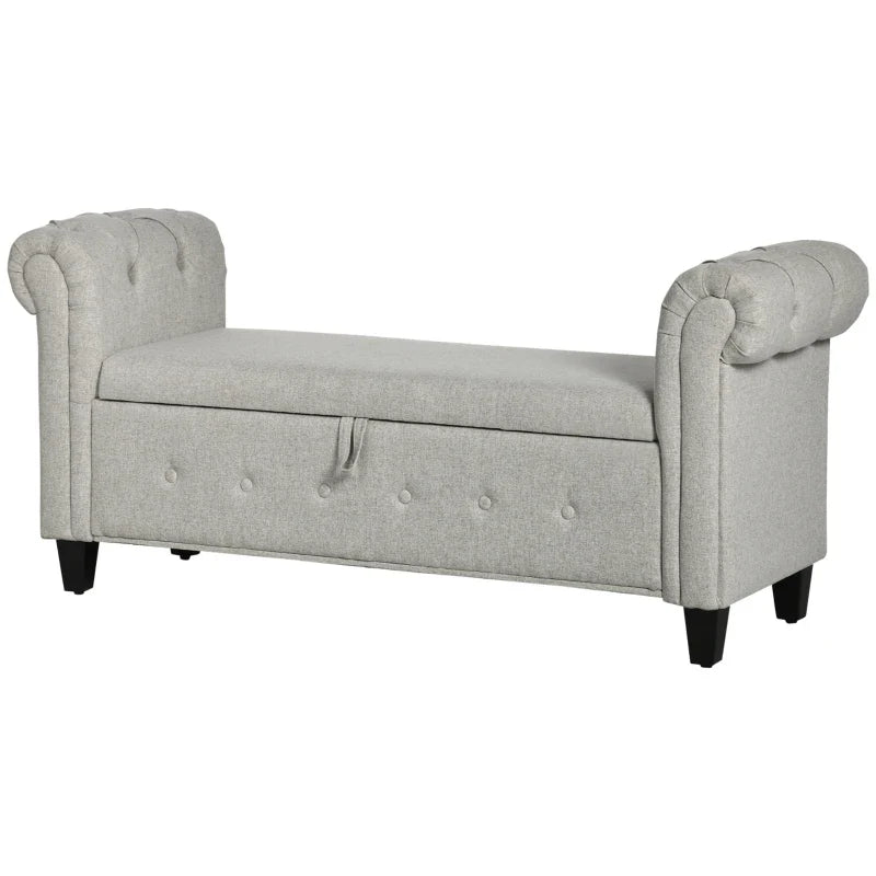 Banco de Pé de Cama Banco de Armazenamento de Linho com Dobradiças na Tampa Pés de Madeira e Apoio para os Braços para Dormitórios Sala de Estar Corredor Carga 150kg 146,5x49x74,5cm Cinza Claro