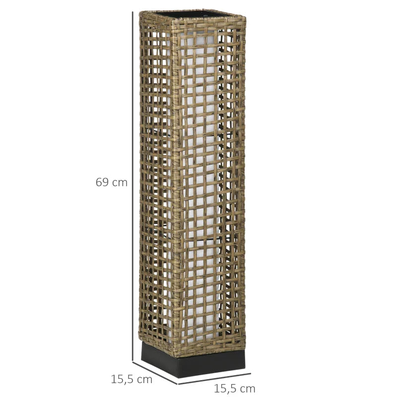 Candeeiro de Jardim de Vime Sintético Candeeiro Solar de Exterior com Luzes LED Ligar/Desligar Automático para Varanda Pátio 15,5x15,5x69cm Marrom Areia