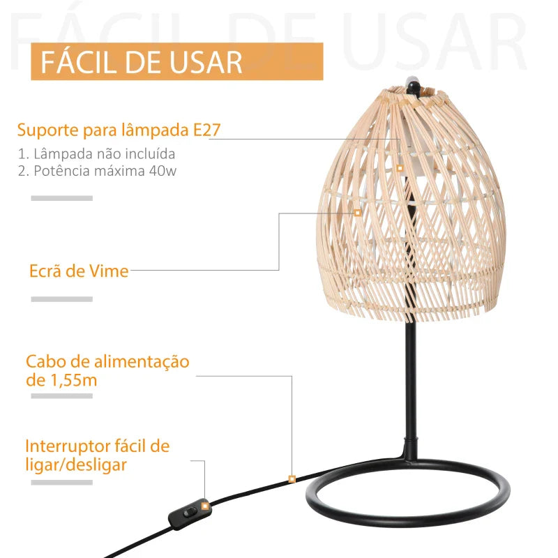 Candeeiro de Mesa Candeeiro de Mesa de Cabeceira com Suporte para Lâmpada E27 Máx. 40W Candeeiro Decorativo com Ecrã de Vime para Dormitório Sala de Estar Ø20x41 cm Bege e Preto