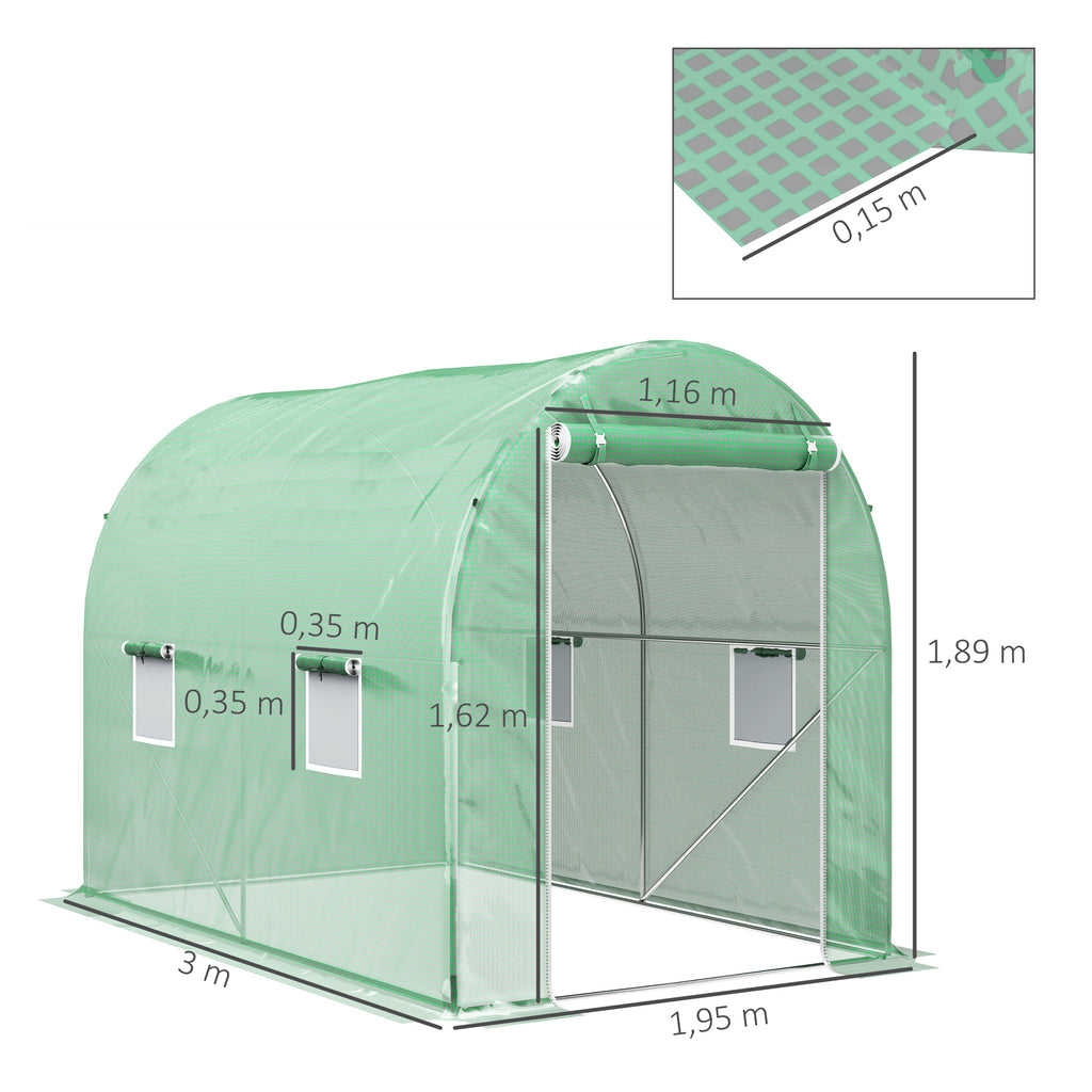 Estufa Tipo Túnel 298x197x189 cm com Porta e 4 Janelas Estufa de Jardim para Cultivo de Plantas e Verduras com Cobertura PE 140g/㎡ Verde