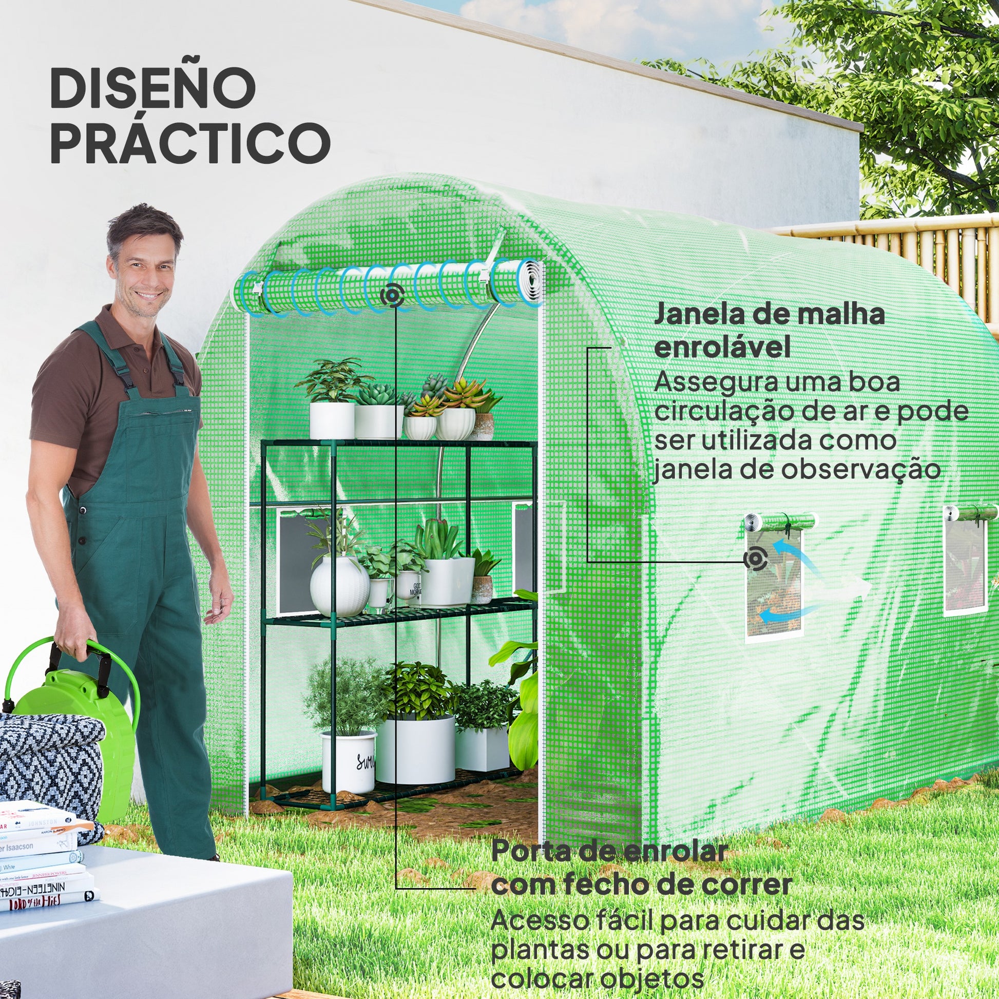 Estufa Tipo Túnel 298x197x189 cm com Porta e 4 Janelas Estufa de Jardim para Cultivo de Plantas e Verduras com Cobertura PE 140g/㎡ Verde