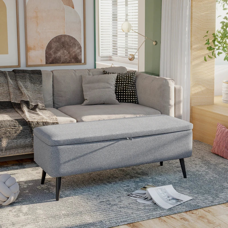 Banco de Armazenamento Estofado em Linho com Tampa Abatível e Pés de Aço para Dormitório Sala de Estar Entrada Carga Máxima 150kg 101x38,5x44,5 cm Cinza