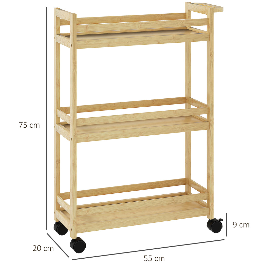 Carrinho para Casa de Banho de Bambu com 3 Níveis Carrinho de Arrumação com Rodas para Casa de Banho Cozinha 55x20x75 cm Madeira