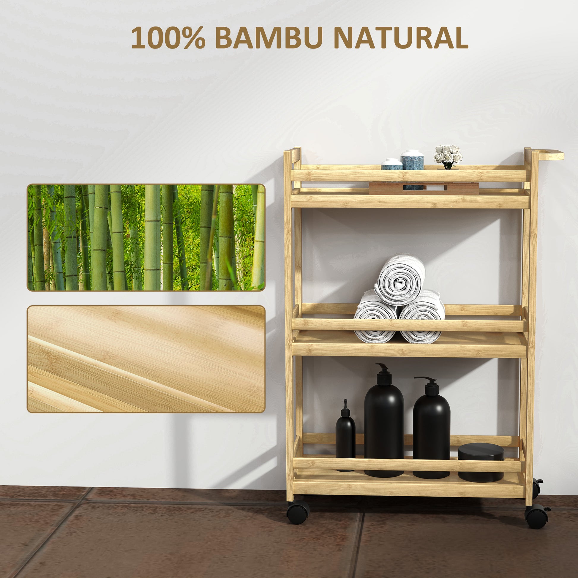Carrinho para Casa de Banho de Bambu com 3 Níveis Carrinho de Arrumação com Rodas para Casa de Banho Cozinha 55x20x75 cm Madeira