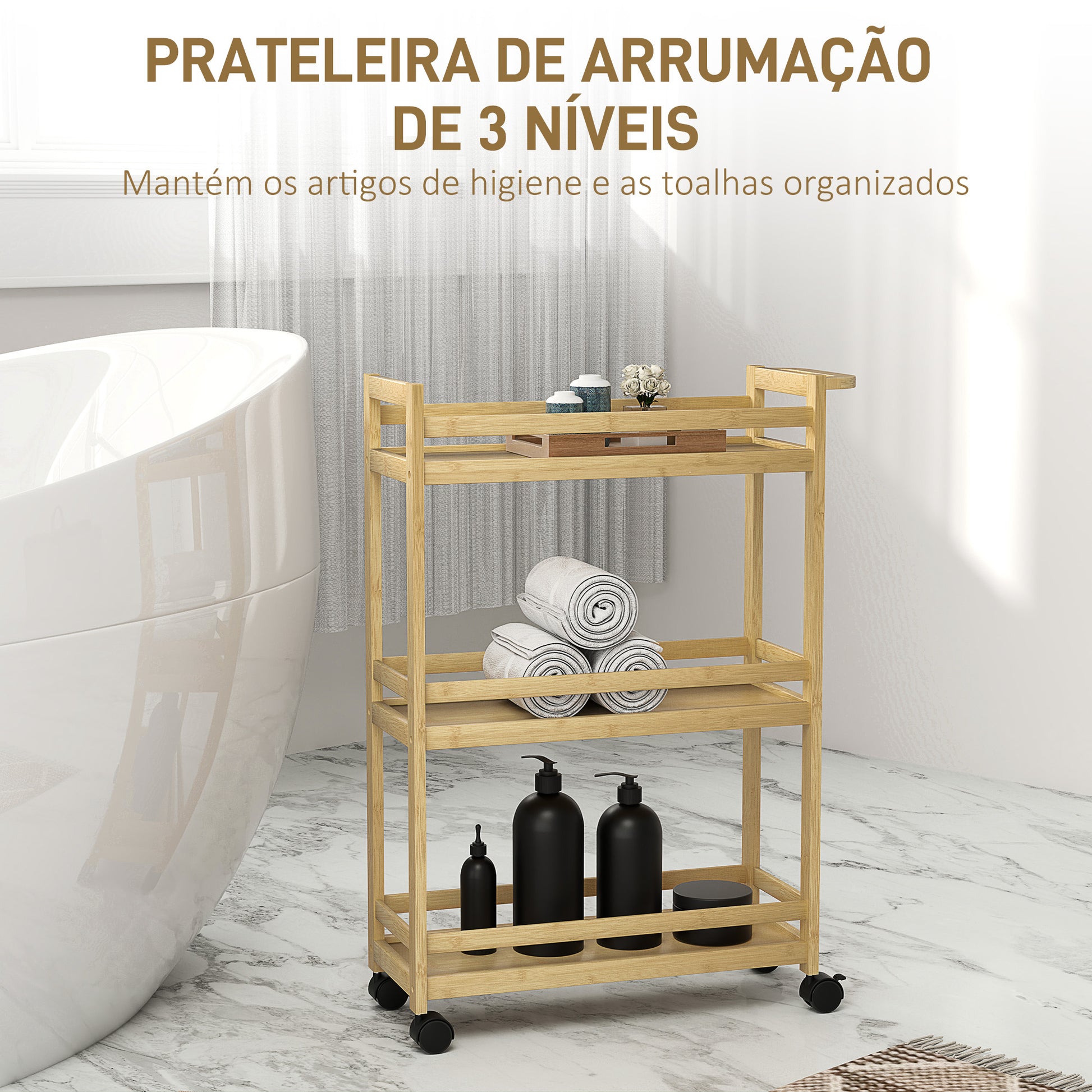 Carrinho para Casa de Banho de Bambu com 3 Níveis Carrinho de Arrumação com Rodas para Casa de Banho Cozinha 55x20x75 cm Madeira