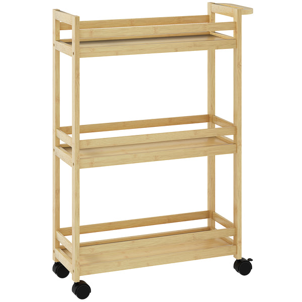 Carrinho para Casa de Banho de Bambu com 3 Níveis Carrinho de Arrumação com Rodas para Casa de Banho Cozinha 55x20x75 cm Madeira