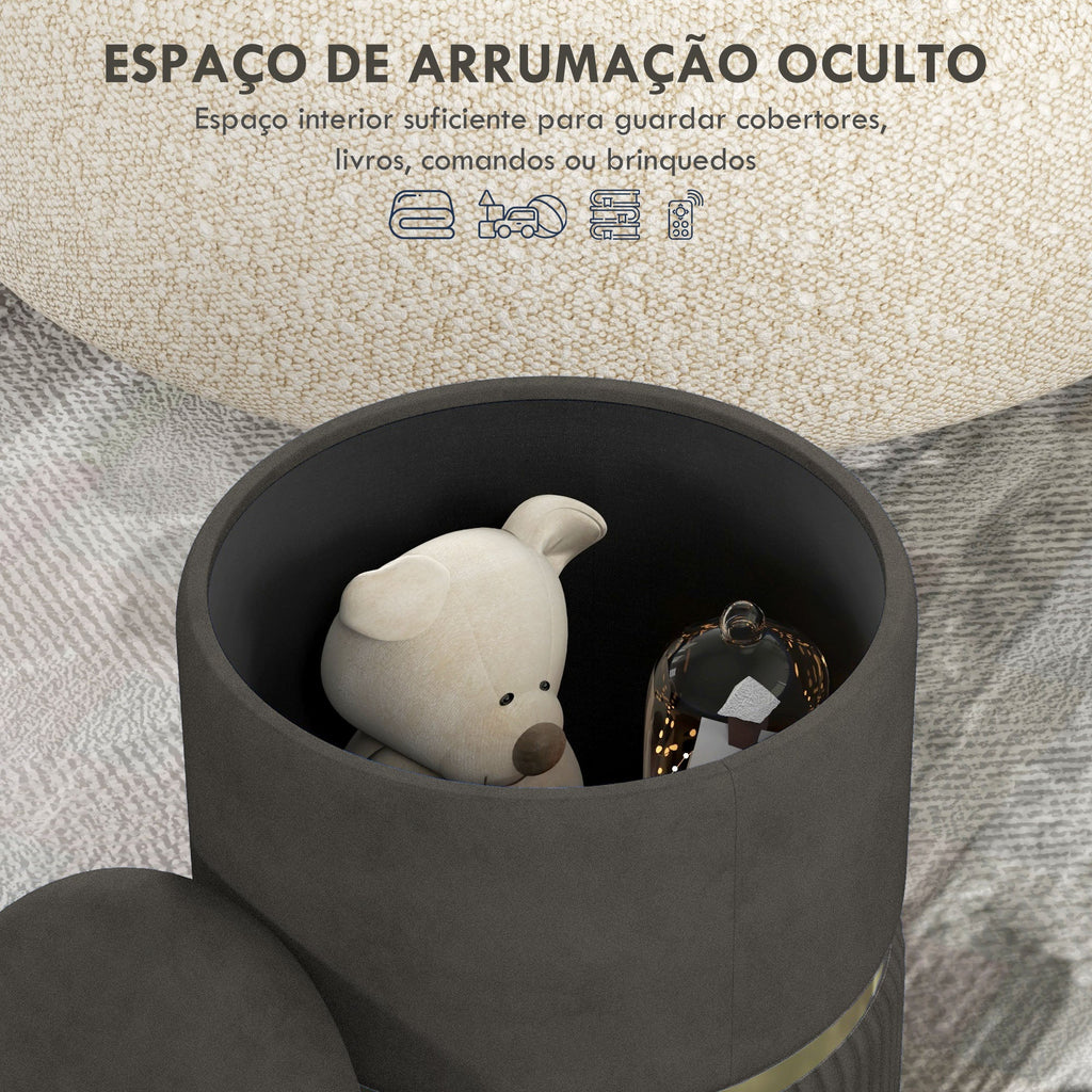 Banco de Armazenamento para Dormitório Puff de Arrumação Estofado em Veludo Banco de Arrumação com Pés Antiderrapantes Ø36x44 cm Cinza