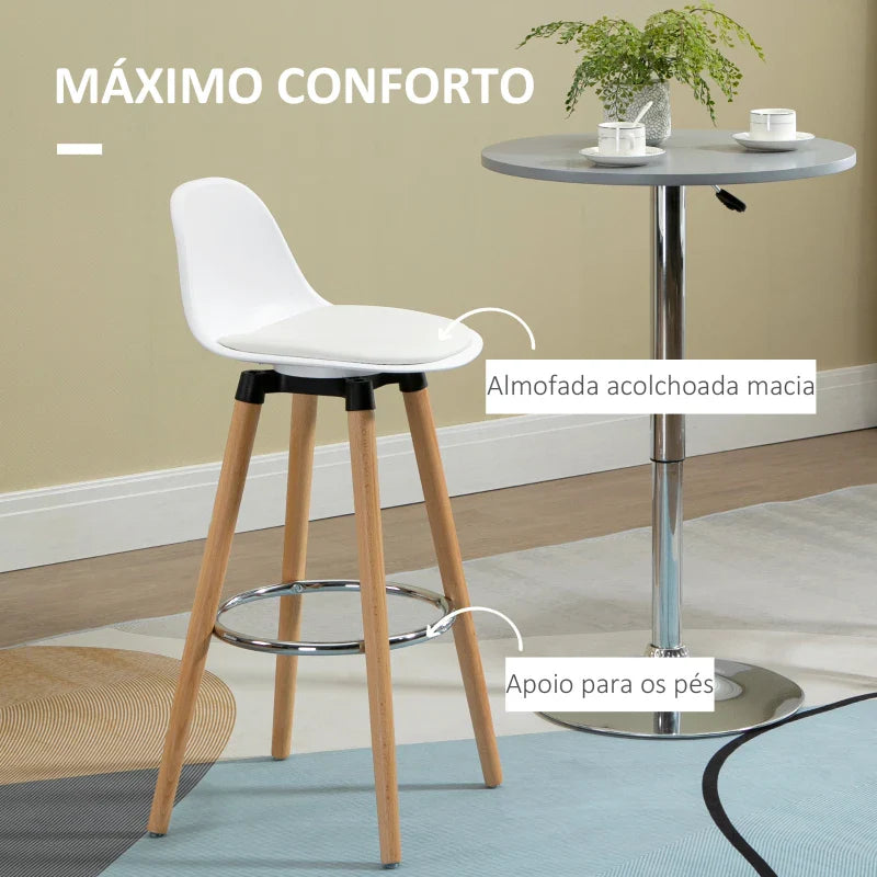 Conjunto de 2 Bancos de Bar Estofado em PU Bancos Altos de Cozinha com Assento de 69 cm e Pés de Madeira para Cozinha Sala de Jantar 38,5x42,5x91cm Branco