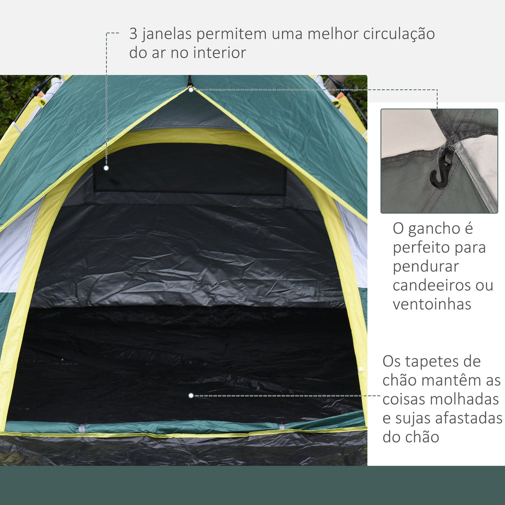 Tenda de Campismo para 2-3 Pessoas Tenda de Campismo Dobrável com 1 Porta 3 Janelas Bolsa de Transporte e Abertura Automática para Praia Parque 205x195x135 cm Verde