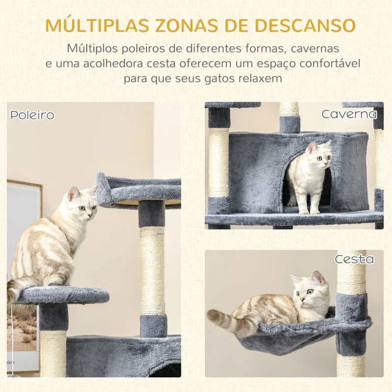 PawHut Árvore Arranhador para Gatos Grande 60x60x200cm com 2 Cavernas 2 Redes Cama Múltiplas Plataformas Postes Arranhadores de Sisal Natural e Bolas de Brinquedo Cinza