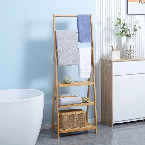 Toalheiro de Pé de Bambu com 3 Barras Toalheiro Dobrável com 3 Prateleiras de Armazenamento para Casa de Banho Lavanderia 53x30,5x152cm Madeira