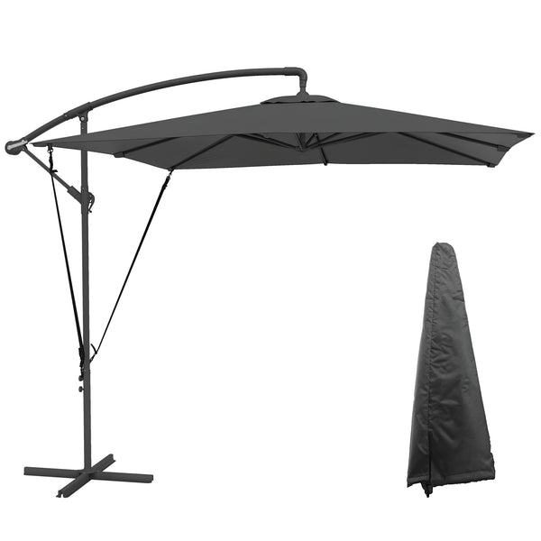 Chapéu de Sol Excêntrico 247x247 cm Chapéu de Sol de Jardim com Base Cruzada Capa Ajustável Manivela Capa Protetora e Corda de Vento Anti-UV 50+ Chapéu de Sol para Varanda Cinza Escuro